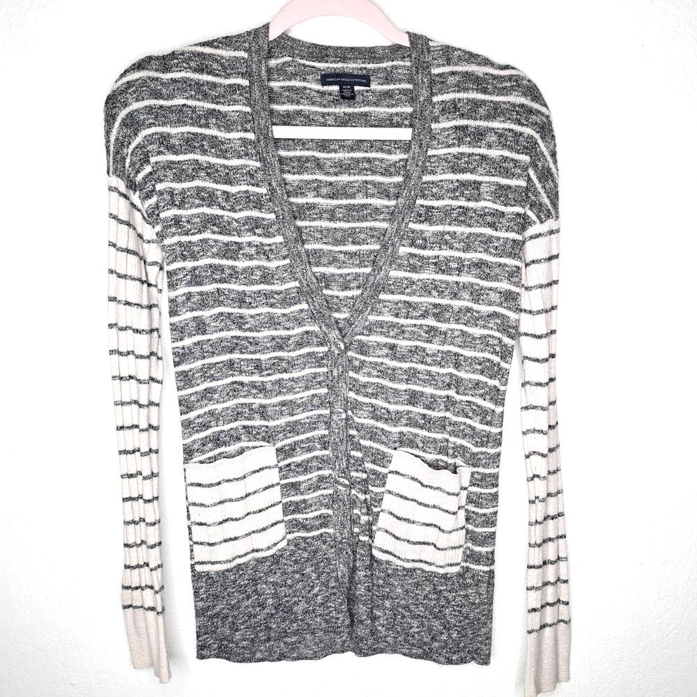 American Eagle Cardigan Long Sleeve Pocketed Striped Grey White Size Medium